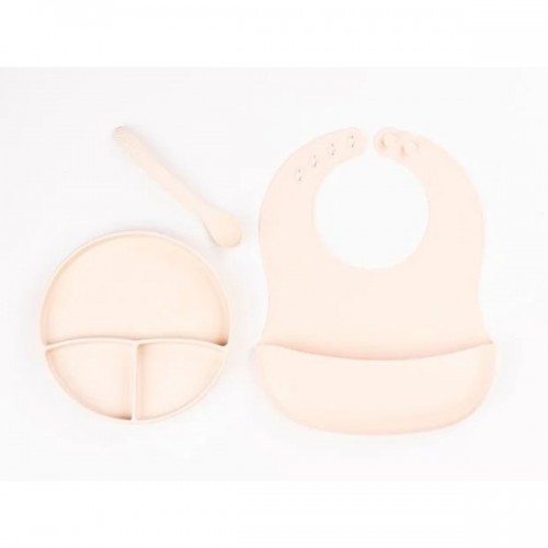 Krem Rengi 3’lü Silikon Yemek Seti – Önlük + Diş Kaşıyıcılı Kaşık + Vakumlu Tabak