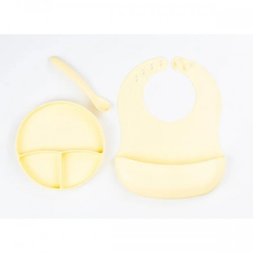 Sarı 3’lü Silikon Yemek Seti – Önlük + Diş Kaşıyıcılı Kaşık + Vakumlu Tabak